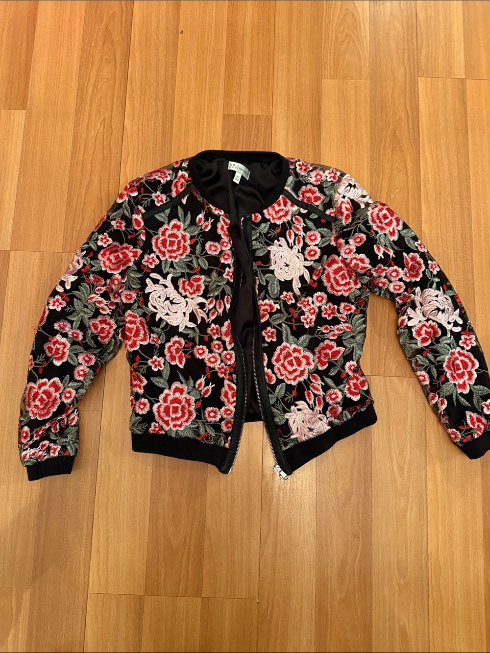 Neiman Marcus Black Embroidered Bomber Jacket with Red & Pink Floral Motif